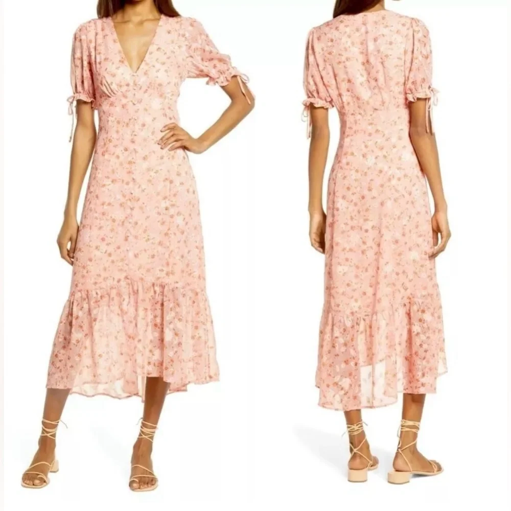 Chelsea 28 Prairie Coral Floral Tie Sleeve Ruffle Hem Midi Dress Size L(12/14)⭐️ - Picture 3 of 15